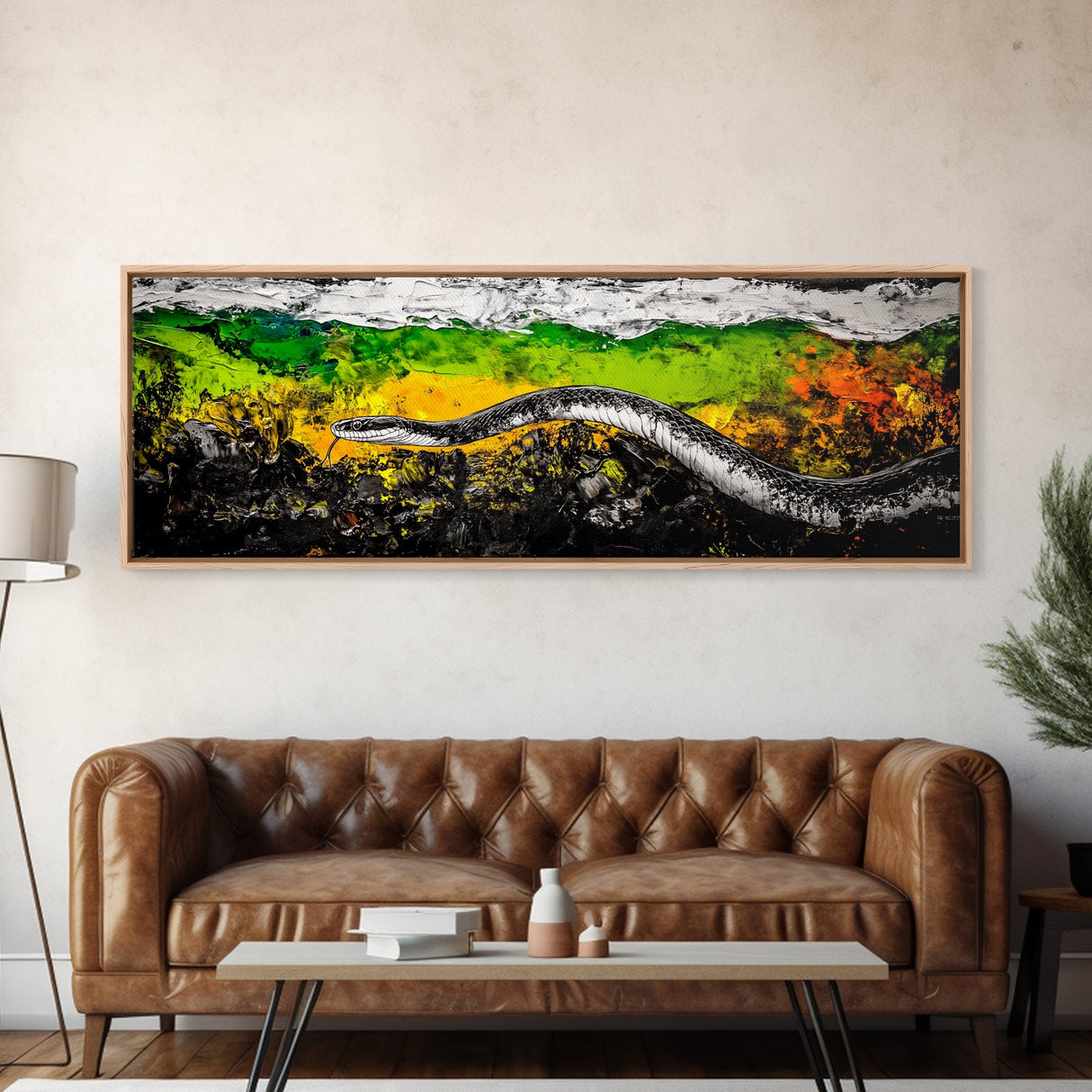 Abstract Snake, Vibrant Reptile Art, Jungle Theme, Wildlife Painting, Green and Yellow, Bold Nature Print, Framed Canvas Print