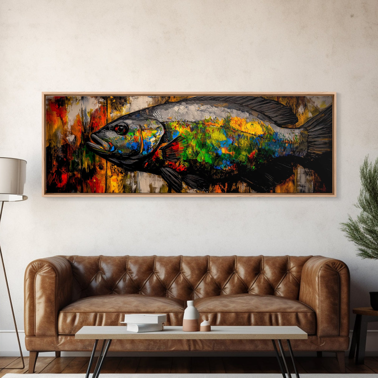 Colorful Fish, Rustic Wood, Vibrant Art, Wildlife Painting, Framed Canvas Print, Nature Wall Art, Fishing Cabin Decor, Unique Gift Idea