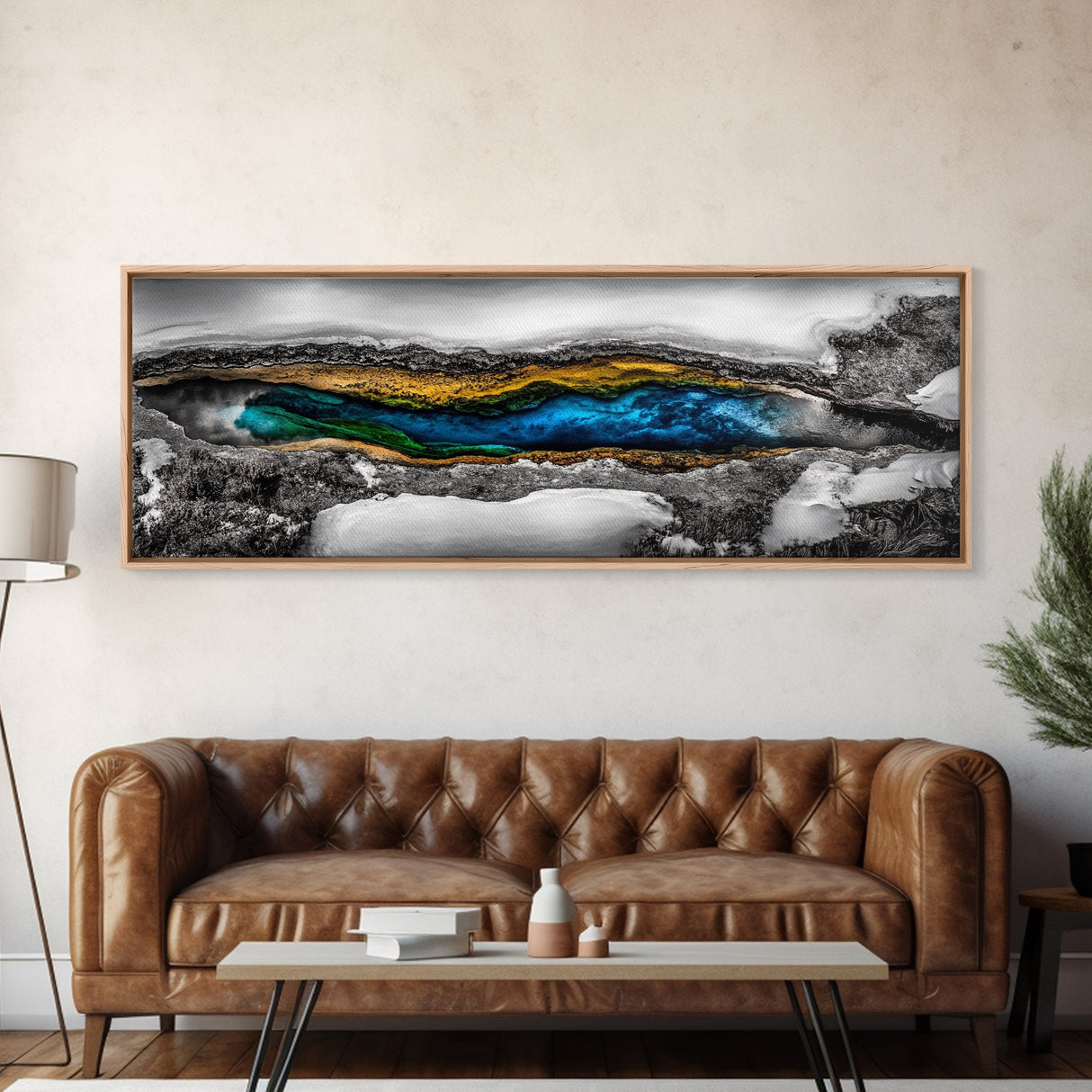 Hot Spring, Geothermal Pool Art, Abstract Nature, Deep Blue and Gold, Black and White Contrast, Unique Wall Decor, Framed Canvas Print