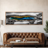 Hot Spring, Geothermal Pool Art, Abstract Nature, Deep Blue and Gold, Black and White Contrast, Unique Wall Decor, Framed Canvas Print