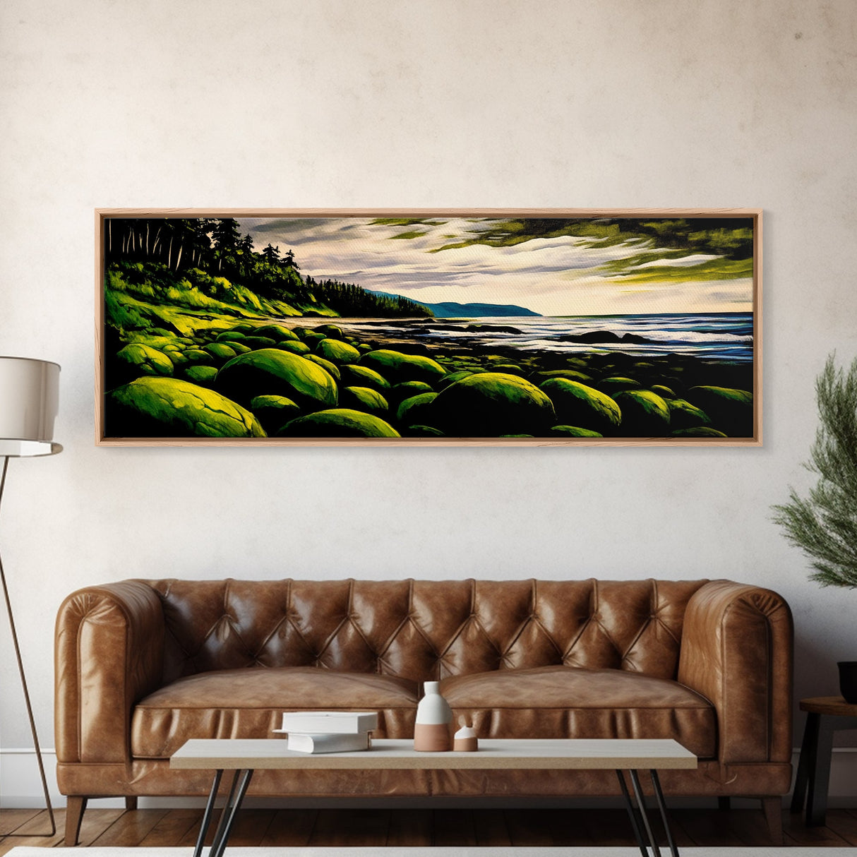 Green Rocks, Coastal Landscape, Nature Wall Art, Framed Canvas Print, Scenic Ocean Painting, Beach House Decor, Serene Wall Artwork
