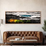 Rocky Shore, Crashing Waves, Black White Blue, Framed Canvas Print, Ocean Wave Painting, Surf Art, Minimalist Coastal Decor