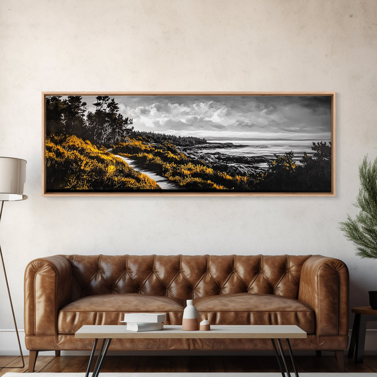 Forest Path, Autumn Vibes, Black White Yellow, Canvas Print, Rustic Landscape Art, Warm Fall Decor, Cozy Home Artwork