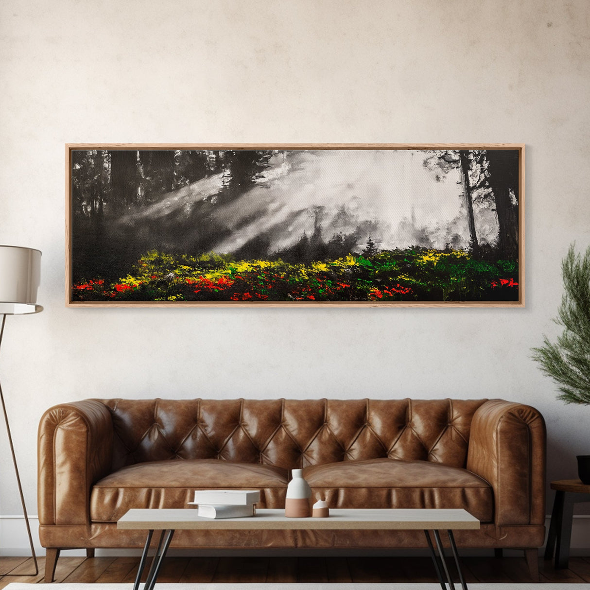 Sunlit Forest, Nature Pathway, Woodland Wall Art, Framed Canvas Print, Autumn Landscape Painting, Cozy Cabin Decor, Rustic Home Art