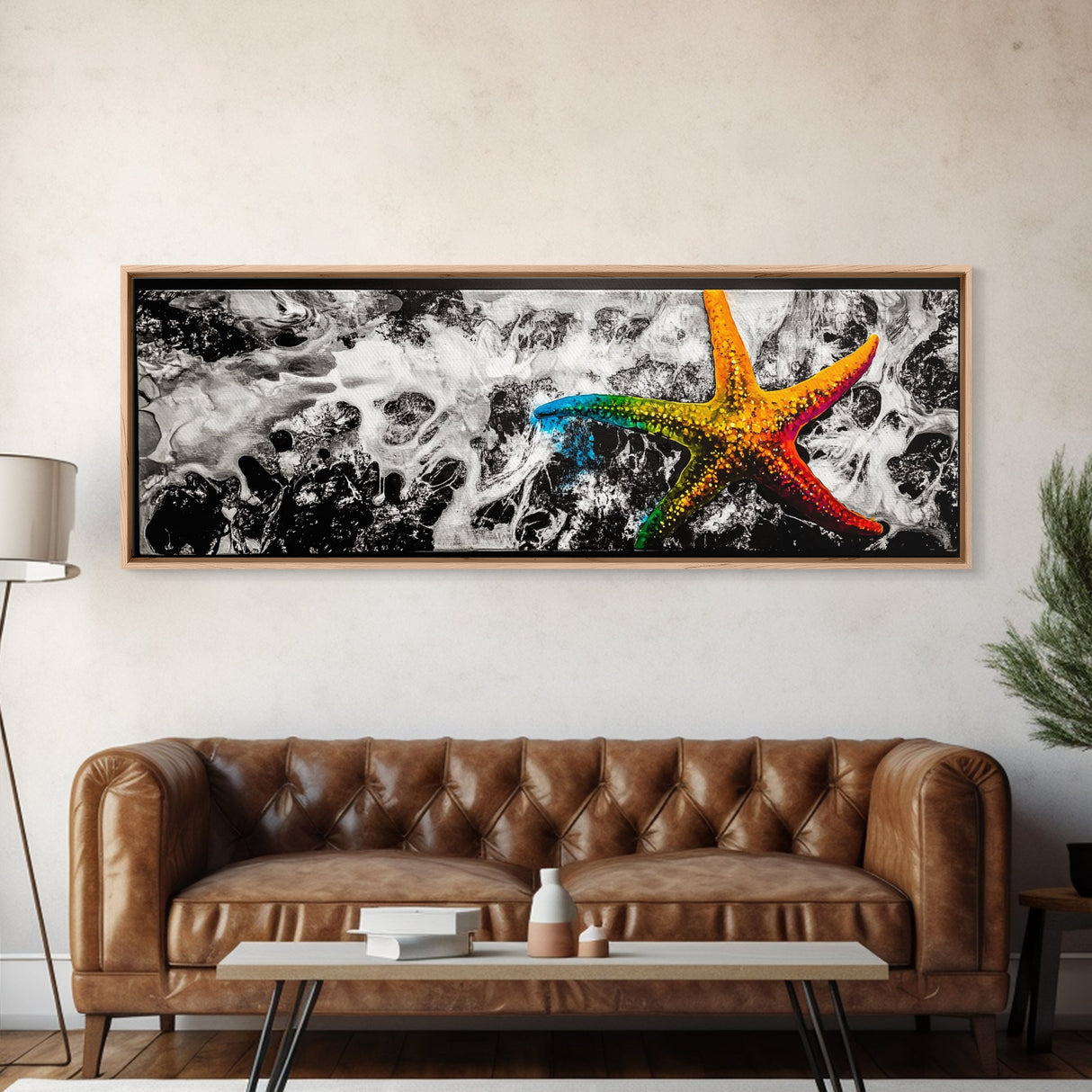 Starfish Abstract Painting, Coastal Beach Wall Art, Vibrant Ocean Decor, Tropical Statement Art, Modern Seascape Print, Framed Canvas Print