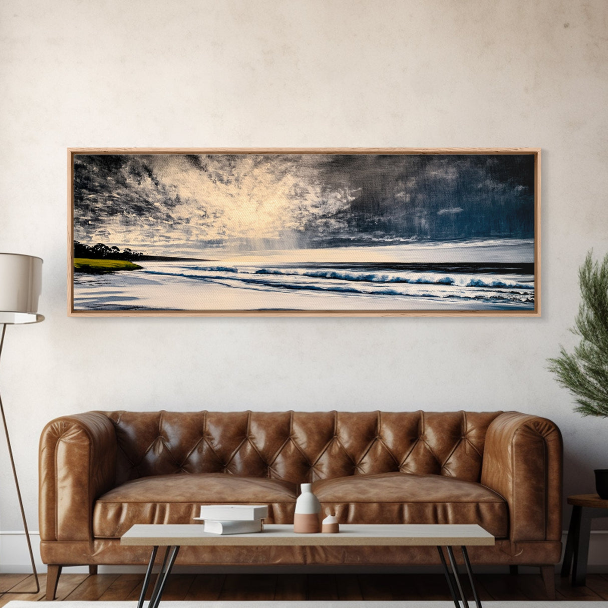 Moody Coastal Art, Stormy Ocean Painting, Dramatic Seascape Wall Decor, Nautical Home Artwork, Tranquil Beach Scene, Framed Canvas Print