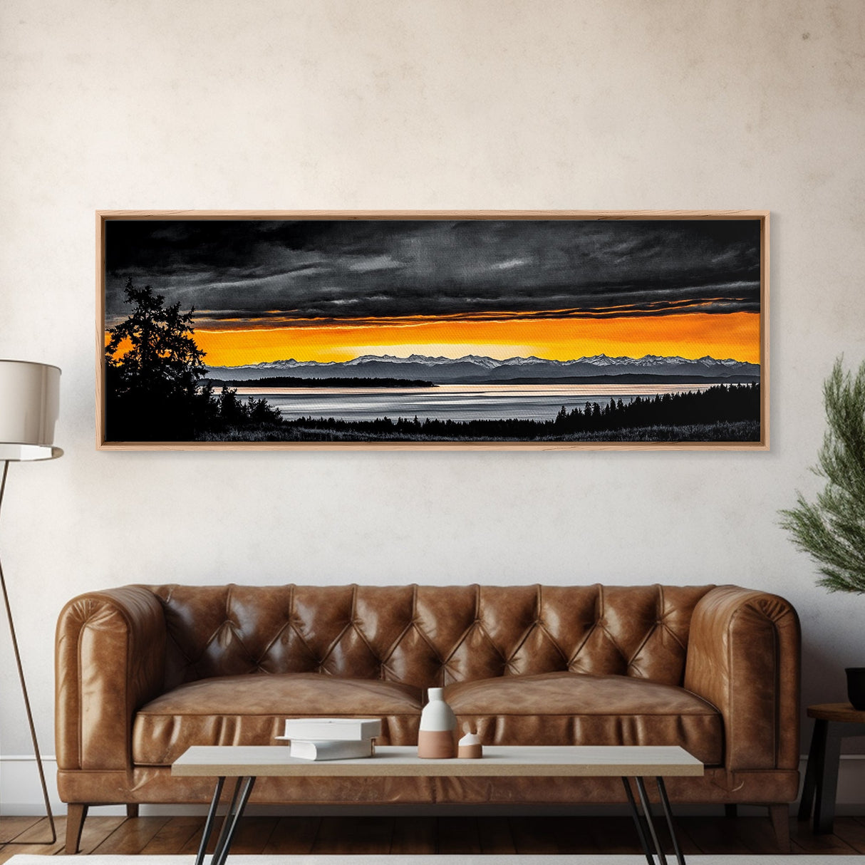 Sunset Over Mountains, Dramatic Landscape Art, Black and Yellow Wall Art, Bold Sky Painting, Nature Print, Office Wall Decor, Framed Canvas Prin