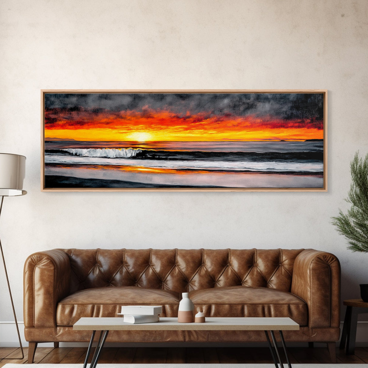 Fiery Sunset Over Ocean, Vibrant Beach Painting, Red and Yellow Sky Wall Art, Coastal Home Decor, Seascape Art, Living Room Artwork, Canvas Print