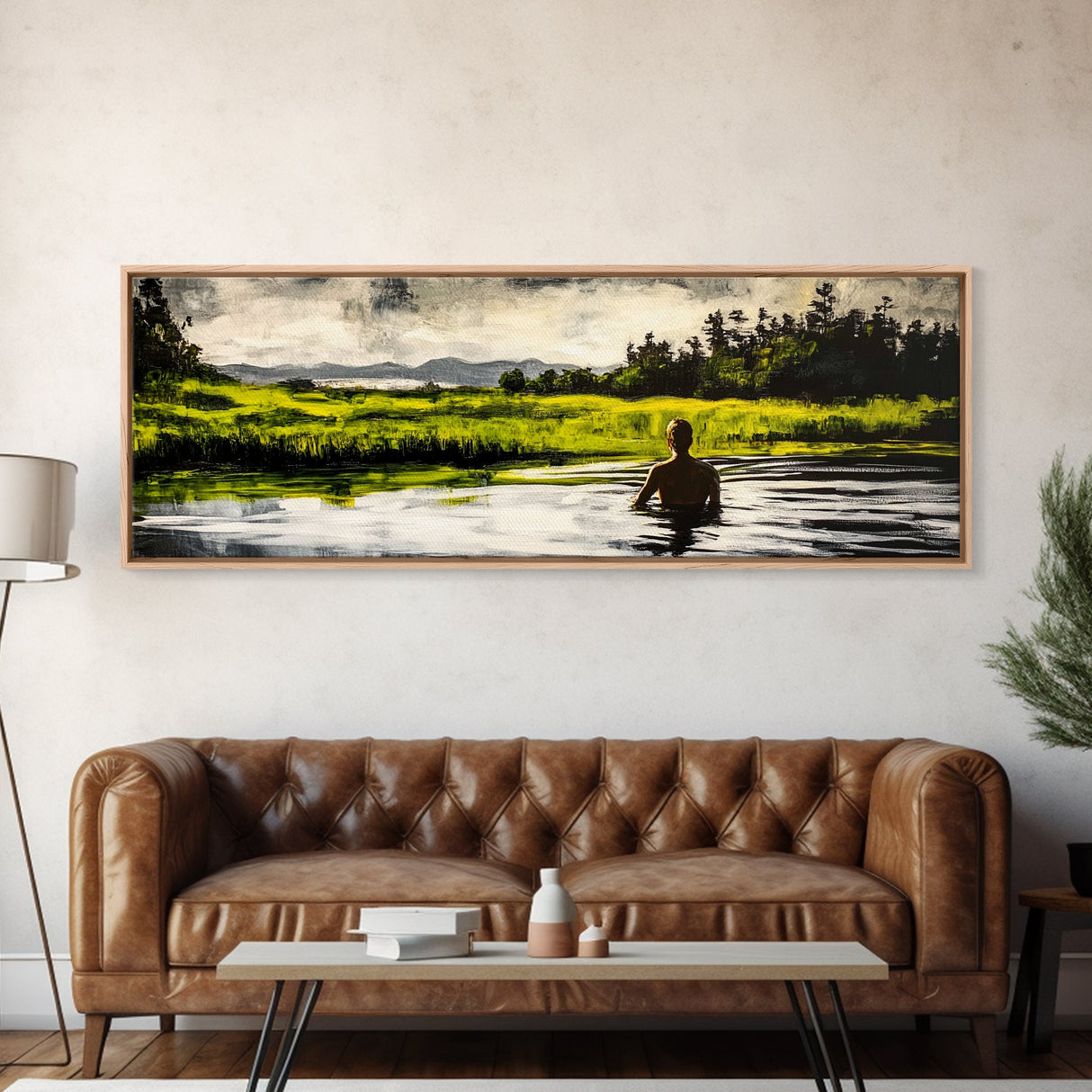 Man, Water, Reflection, Framed Canvas Print, Serene Landscape Art, Tranquil Wall Decor, Nature Inspired Painting, Moody Green Aesthetic