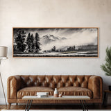 Mountain, Misty Landscape, Black and White, Forest, Framed Canvas Print, Large Wall Art, Minimalist Art, Modern Home Decor, Bedroom Wall Art