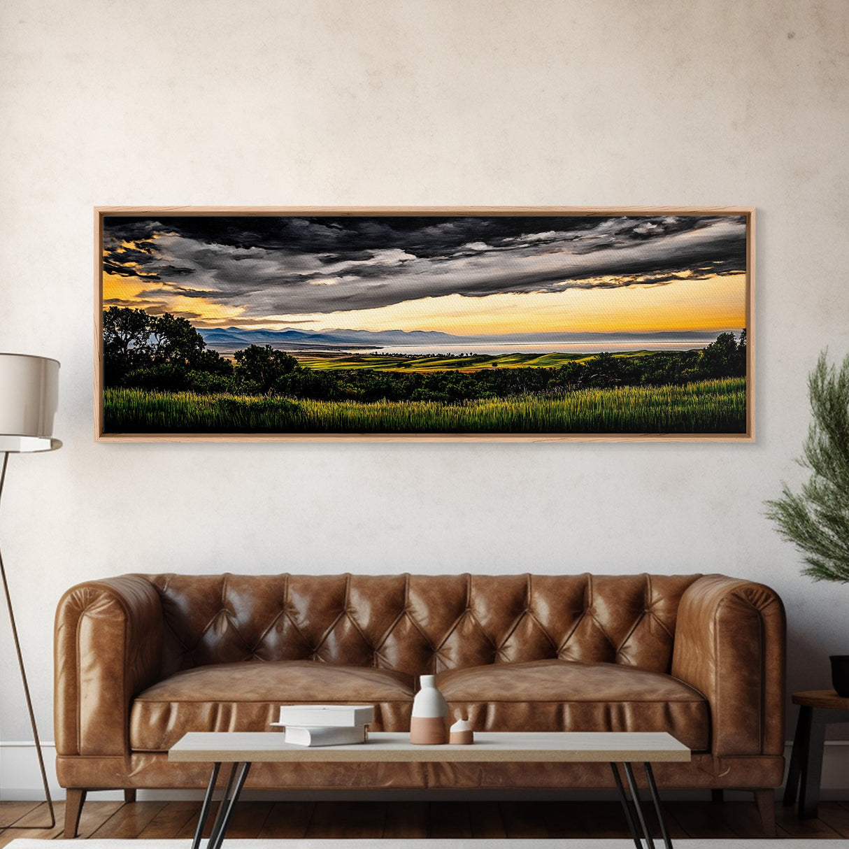 Golden Field, Sunset Overlook, Nature Landscape, Framed Canvas Print, Dramatic Sky, Rolling Hills, Rustic Farmhouse Decor, Large Wall Art
