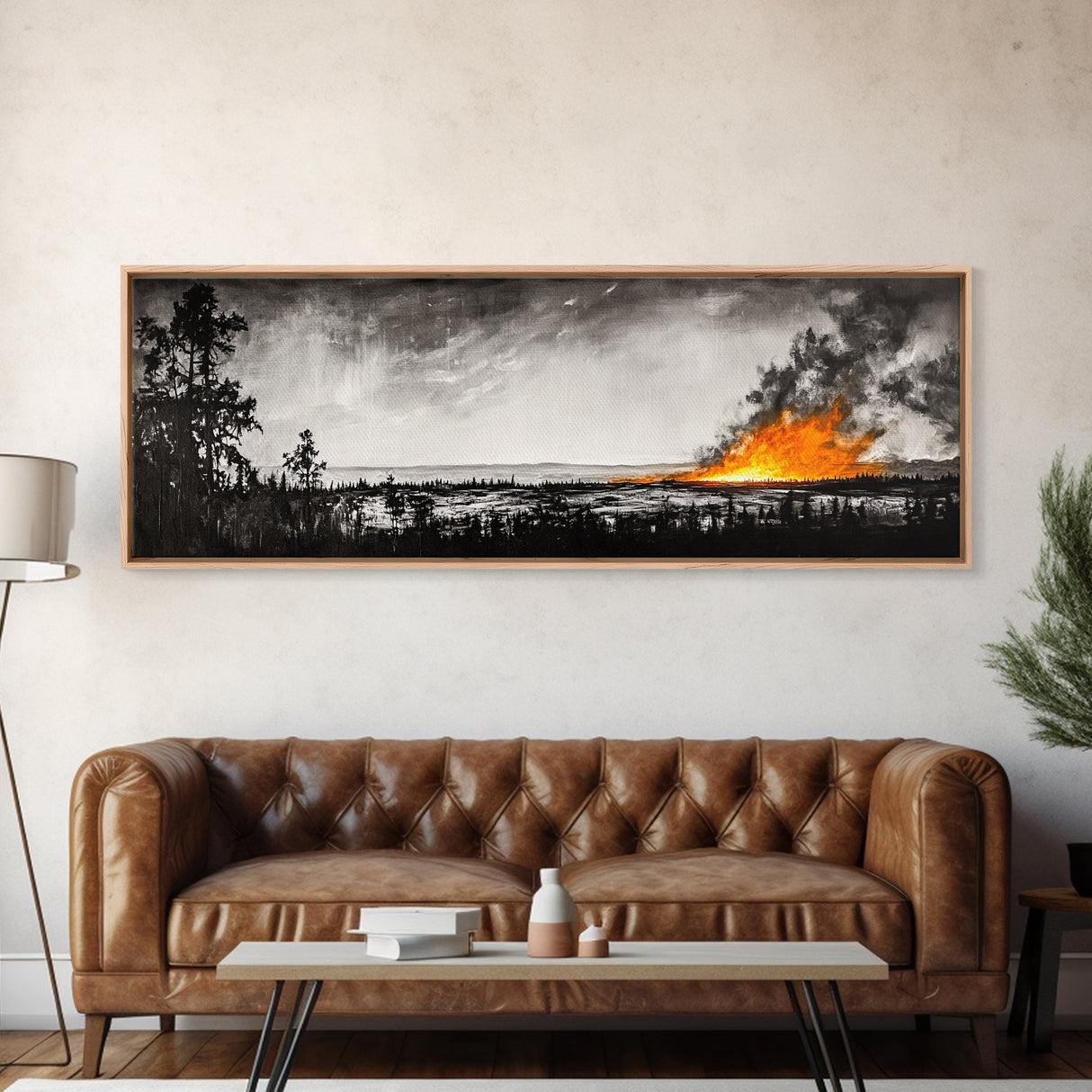 Wildfire Horizon, Dramatic Nature Art, Wilderness Wall Decor, Canvas Print, Black and White Art, Abstract Fire Painting, Rustic Home Art