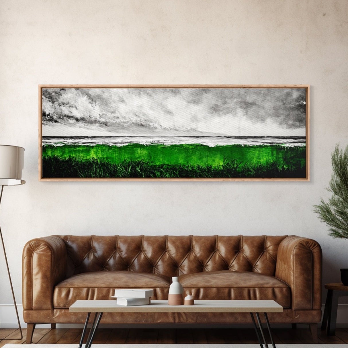 Green Ocean, Coastal Storm, Vibrant Seascape, Framed Canvas Print, Beach Art, Abstract Ocean Painting, Minimalist Wall Decor, Living Room Art