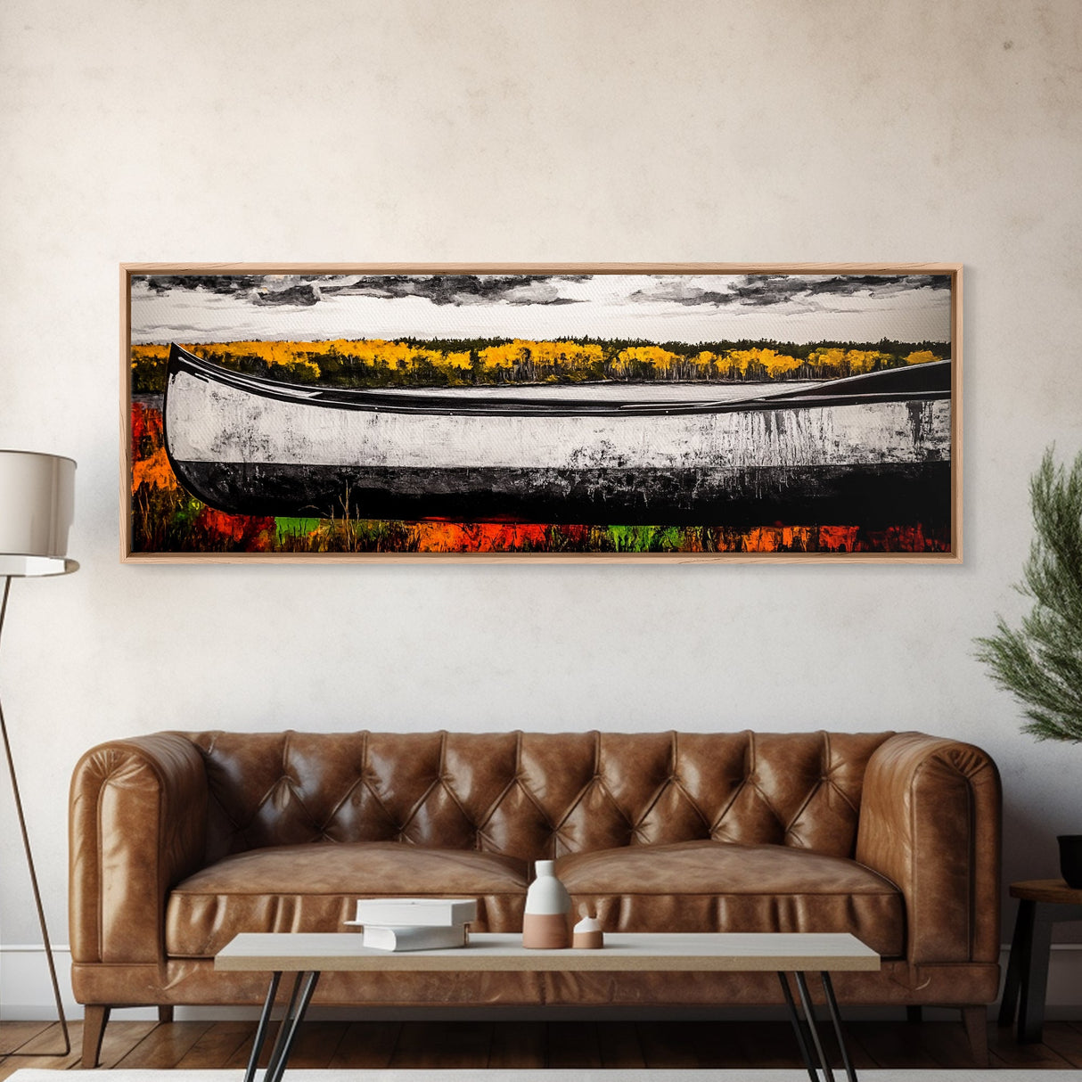 Autumn Canoe, Rustic Lake Art, Nature Wall Decor, Canvas Print, Fall Landscape Painting, Outdoor Adventure Art, Cabin Wall Art, Canoe Artwork