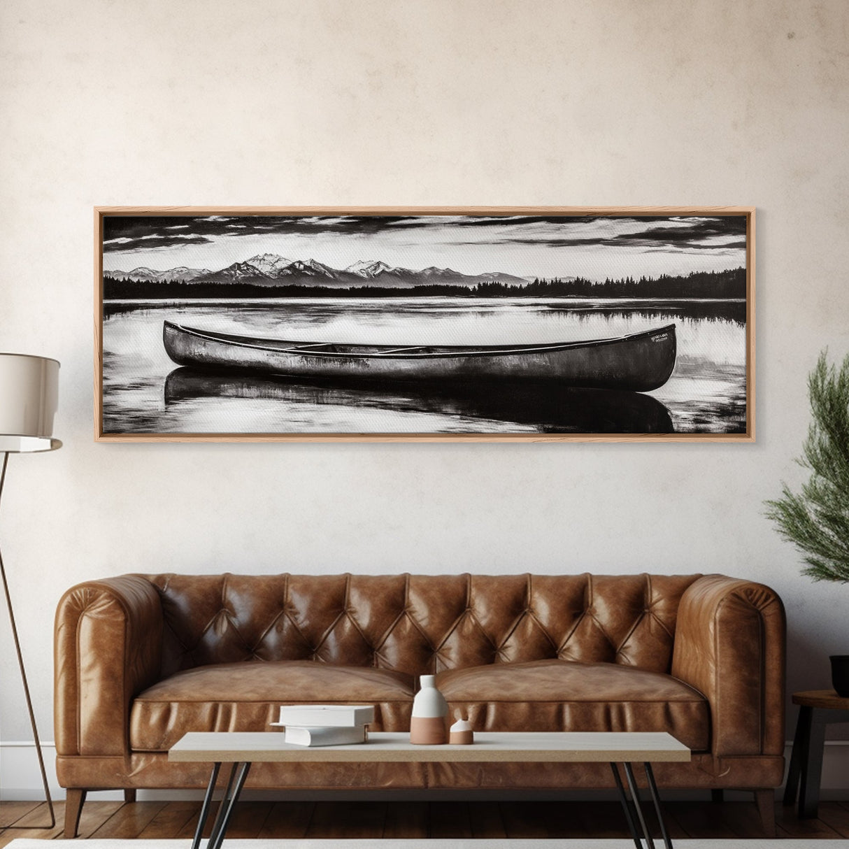 Mountain Reflections, Canoe Art, Wilderness Wall Decor, Canvas Print, Black and White Landscape, Lake House Art, Rustic Cabin Art