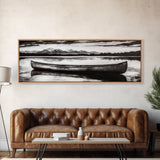 Mountain Reflections, Canoe Art, Wilderness Wall Decor, Canvas Print, Black and White Landscape, Lake House Art, Rustic Cabin Art