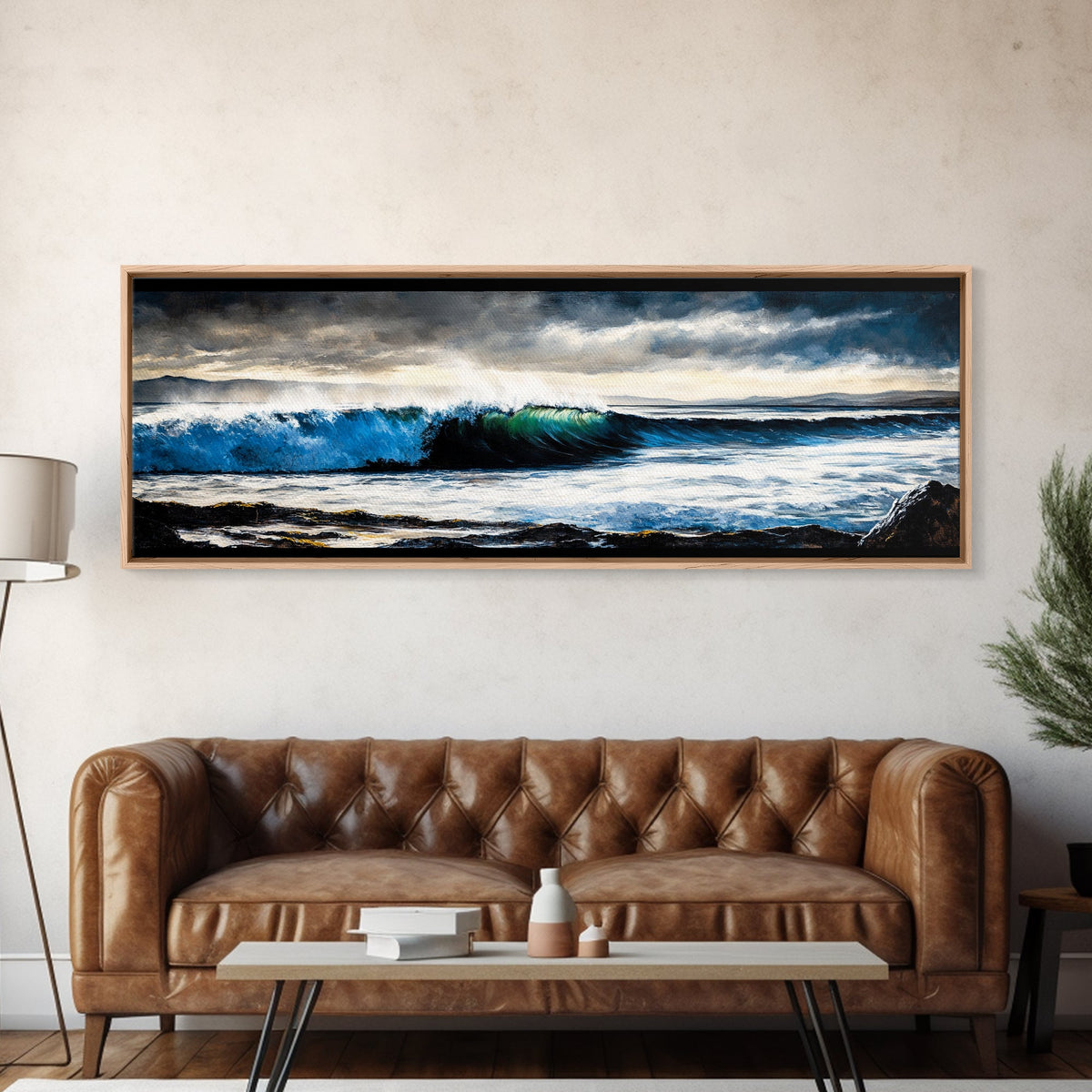Powerful Ocean Wave, Realistic Seascape Art, Blue Water Wall Decor, Coastal Living Room Art, Surfer Beach Print, Framed Canvas Print