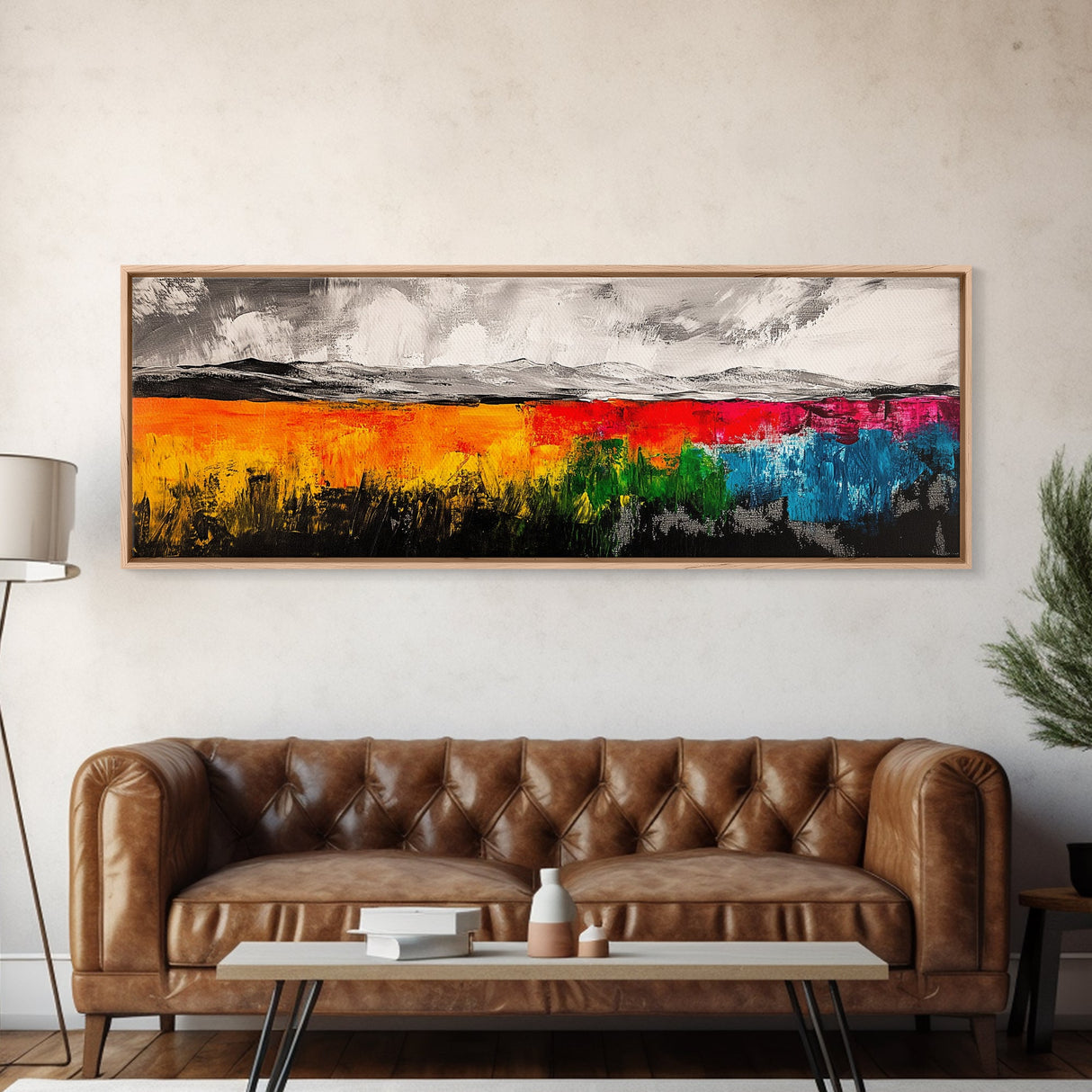 Vibrant Abstract Field, Colorful Landscape Painting, Modern Farmhouse Wall Art, Boho Nature Print, Warm Earthy Decor, Framed Canvas Print