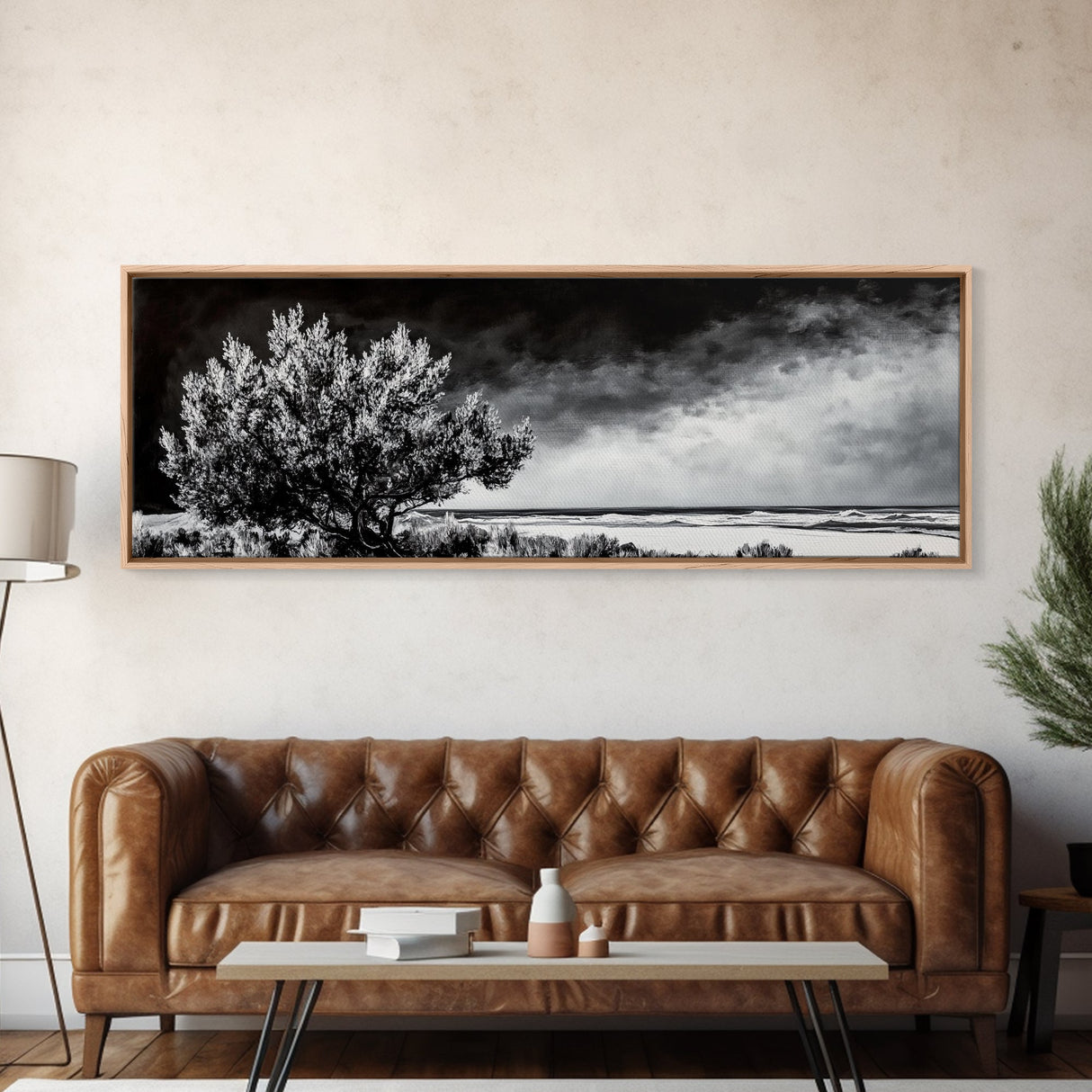Monochrome Tree Art, Dramatic Nature Painting, Black and White Wall Decor, Minimalist Forest Print, Modern Office Art, Framed Canvas Print