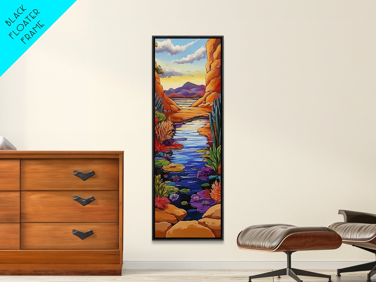 Pond Lilies, Canyon Scene, Framed Canvas Print, colorful lily pond canyon art, desert blooms, bold nature painting, dining room wall art