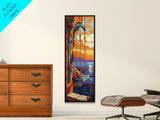 Swing Balcony, Sunset Painting, Framed Canvas Print, cozy seaside, balcony swing view, dreamy boho home decor, tropical romantic sunset wall art