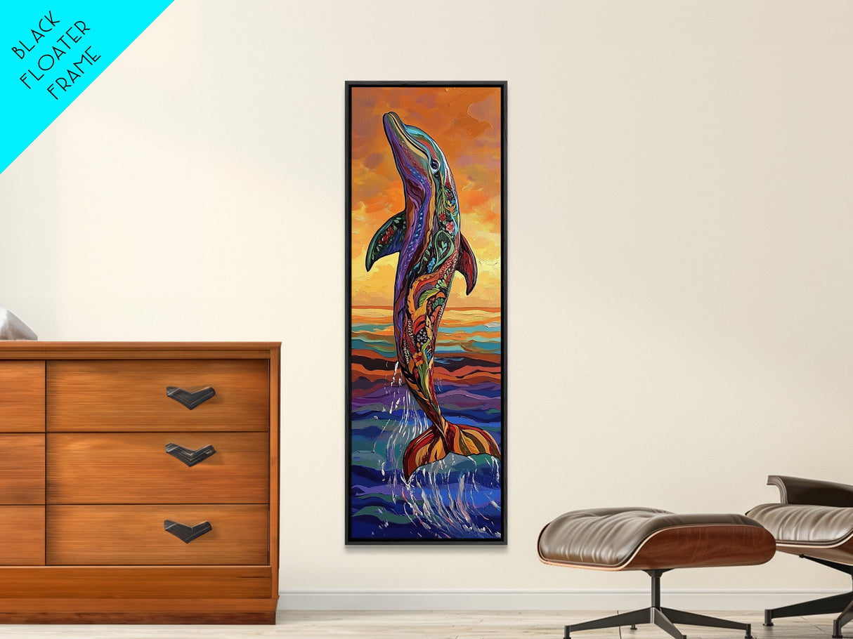 Dolphin Ocean, Sunset Splash, Vibrant marine wall decor Framed Canvas Print, colorful coastal boho art, beach house wall art