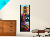 Tree Ocean, Flowers Waves, Whimsical tree by sea Framed Canvas Print, vibrant fantasy wall art, kids room or decor