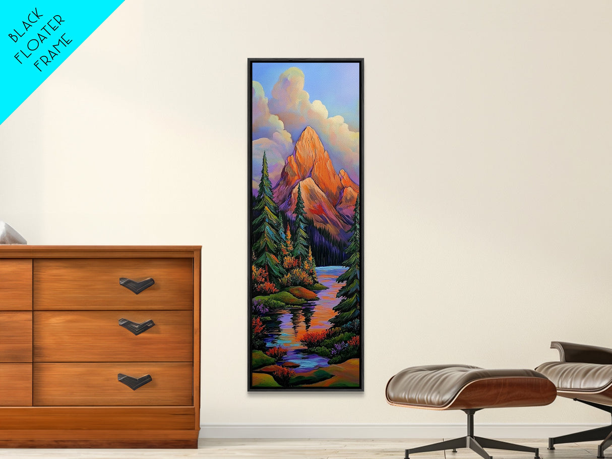 Mountain Pines, Autumn Stream, Framed Canvas Print vibrant alpine landscape painting, autumn trees and lake reflection, rustic lodge wall decor