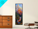 Mountain Pines, Autumn Stream, Framed Canvas Print vibrant alpine landscape painting, autumn trees and lake reflection, rustic lodge wall decor