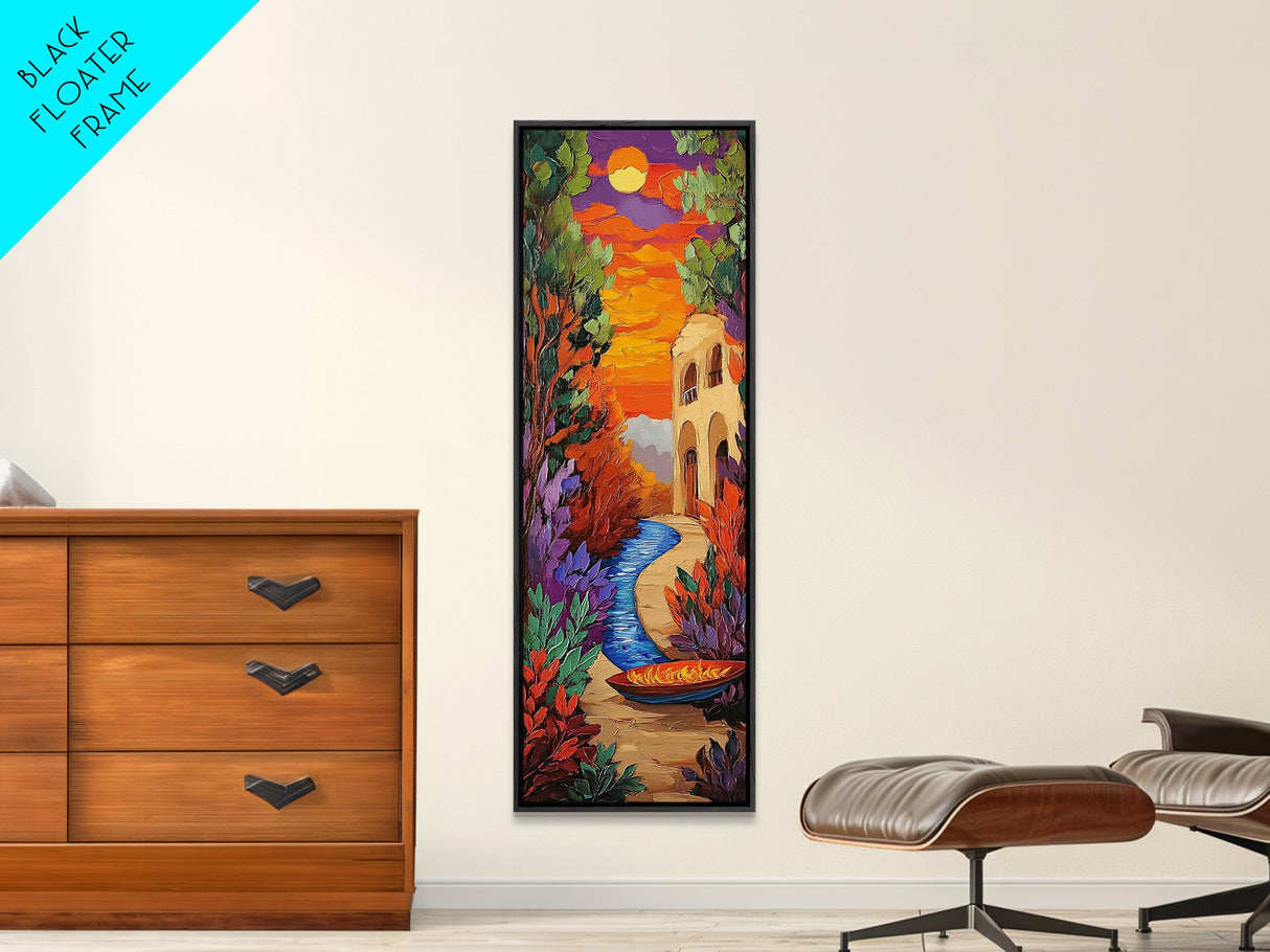 Sunset River, Autumn Glow – Framed Canvas Print fall foliage landscape art, moody abstract painting, warm tones hallway wall art, boho decor