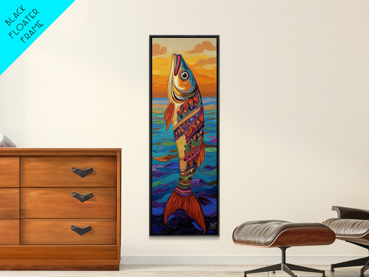 Tribal Fish, Ocean Sunset, Nautical Folk Art, Framed Canvas Print, coastal kitchen decor, whimsical ocean creature, colorful boho wall art