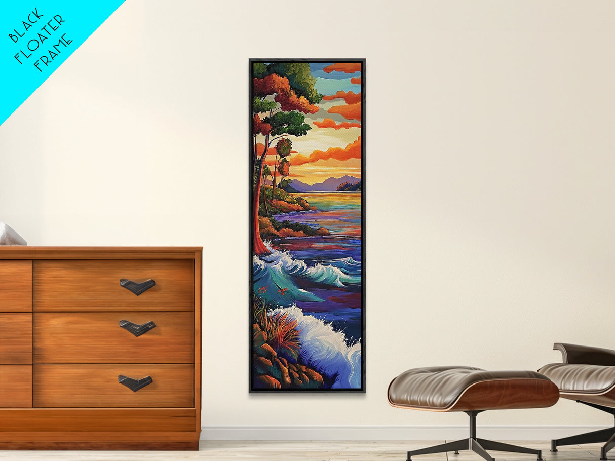 Coastal, Sunset, Trees, Ocean View Framed Canvas Print, Bold Color Landscape, Nature Wall Decor, Entryway Boho Art, Lake House Vibes