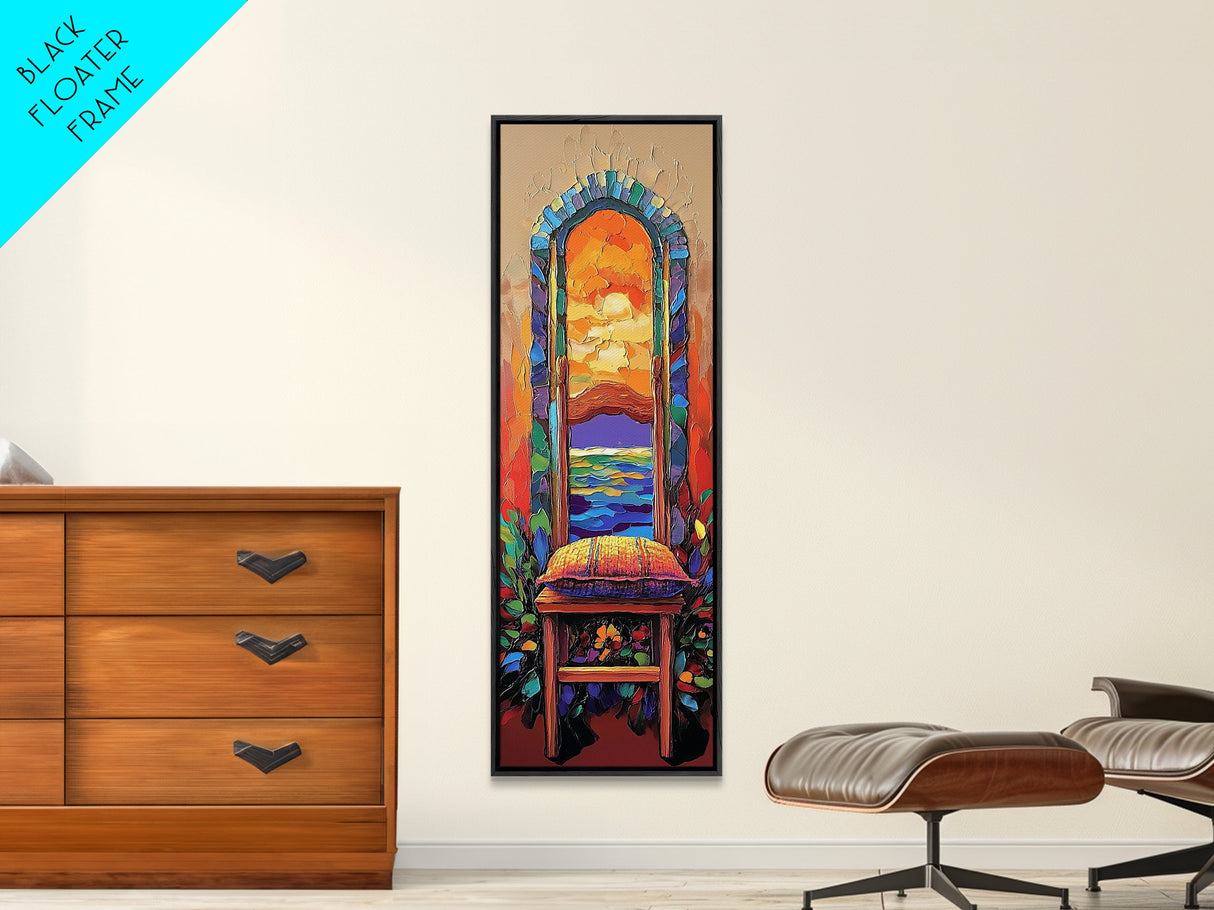 Chair, Window, Dream View, Colorful Surreal Framed Canvas Print, Vibrant Boho Wall Art, Bedroom Accent Piece, Artistic Home Decor Statement
