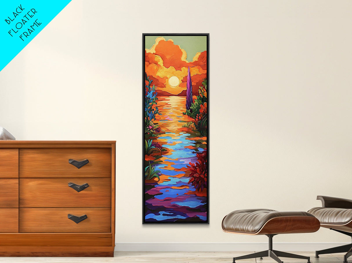 Sunset, Vibrant, Tropical, Sky - Framed Canvas Print, Colorful Beach Wall Art, Bold Living Room Decor, Coastal Sunset Summer Vibes Painting