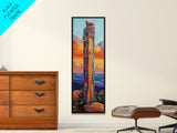 Totem, Ocean, Sunset, Whimsy - Framed Canvas Print, Coastal Totem Wall Art, Whimsical Beach House Decor, Colorful Folk Art Living Room Style