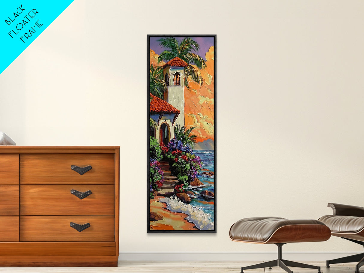 Seaside, Villa, Sunset, Palms, Framed Canvas Print, Coastal tropical wall art, beach house decor, boho living room painting, colorful home vibes