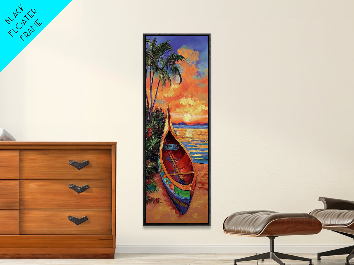 Sunset, Boat, Beach, Tropical, Framed Canvas Print, coastal boat painting, beach wall art, living room decor, colorful sunset, nautical art