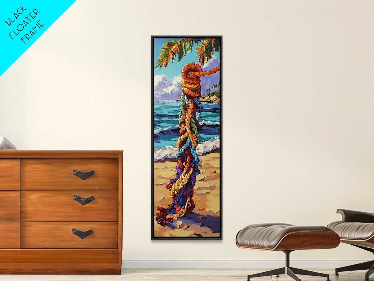 Beach, Rope, Colorful, Tropical, Framed Canvas Print, Nautical Wall Art, Coastal Boho Decor, Beach House Accent, Bright Living Room Art