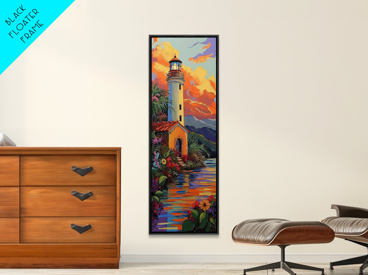 Lighthouse, Mountains, Sunset, Water, Framed Canvas Print, Coastal Landscape Wall Art, Nautical Home Decor, Vibrant Living Room Artwork