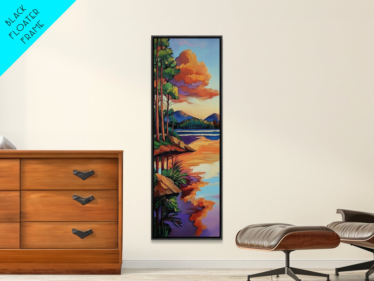 Lake, Pines, Sunset, Art, Framed Canvas Print of forest lakeside at golden hour, tranquil nature art, cozy cabin wall decor, Fall vibes