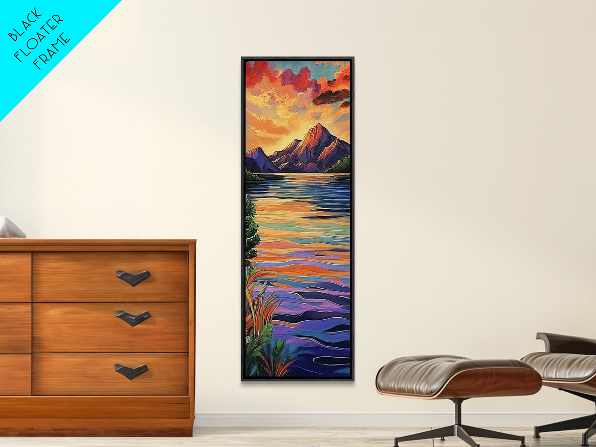 Sunset, Mountain, Reflection, Lake, Framed Canvas Print with vibrant water, dramatic skies, boho living room wall art, nature lover gift