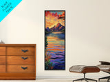 Sunset, Mountain, Reflection, Lake, Framed Canvas Print with vibrant water, dramatic skies, boho living room wall art, nature lover gift