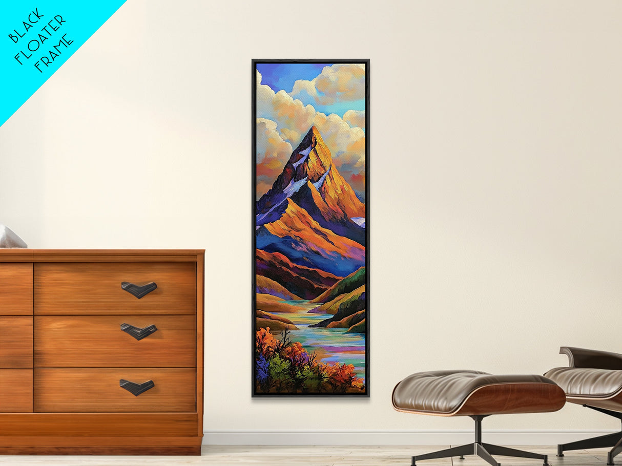Majestic, Peak, River, Valley, Framed Canvas Print with dramatic alpine scenery, rustic lodge wall decor, fall landscape, nature art