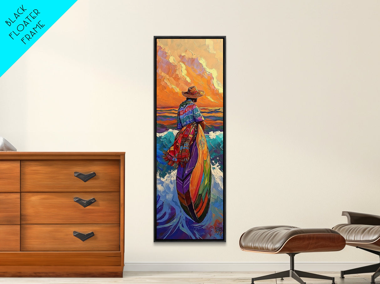 Woman, Sunset, Canoe, Vibrant Mexican Sunset Canvas Print, Latin American Decor, Living Room Wall Art, Bohemian Coastal Painting