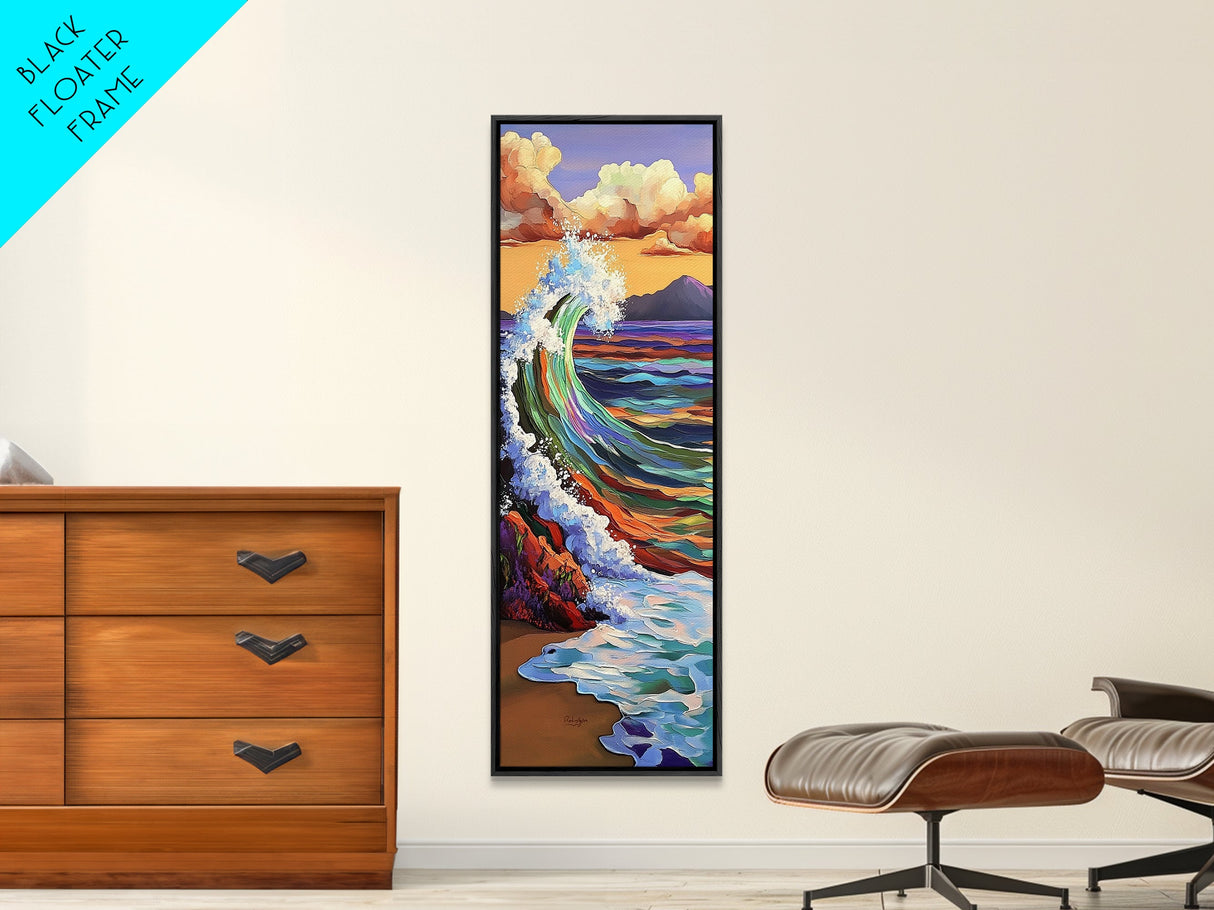 Rainbow, Wave, Sea, Surf, Framed Canvas Print, Bold Ocean Art, Coastal Wall Decor, Surfer Boho Style, Beach House Accent