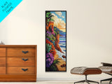 Ocean, Flowers, Cliff, Sunset, Framed Canvas Print, Vibrant Coastal Landscape, Dining Room Wall Art, Colorful Beachside Decor