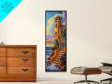 Tower, Steps, Ocean, Chapel, Framed Canvas Print, Vibrant Seaside Wall Art, Entryway Decor, Coastal Sunset Scene