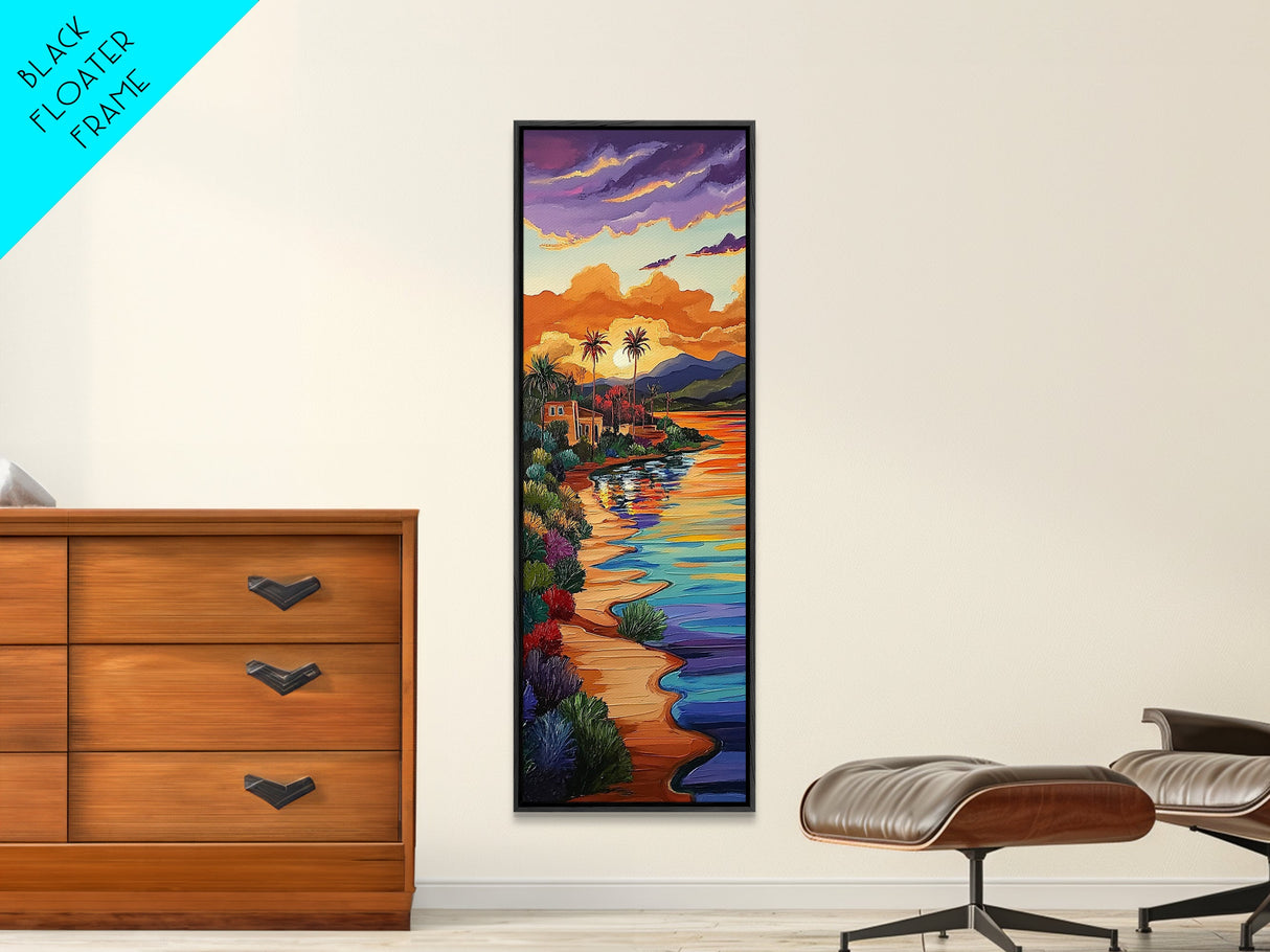 Sunset, Palm Trees, Water, Reflection, Framed Canvas Print, Tropical boho art ideal Living Room Wall Art or Beach House Coastal Decor