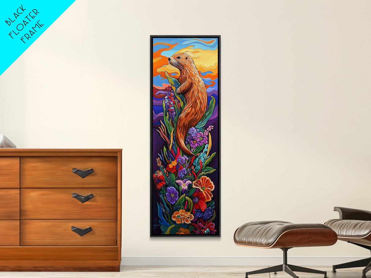 Otter, Flowers, Fantasy, Wildlife, Framed Canvas Print, Whimsical animal art in vibrant palette, ideal Nursery Art or Nature Lover Decor