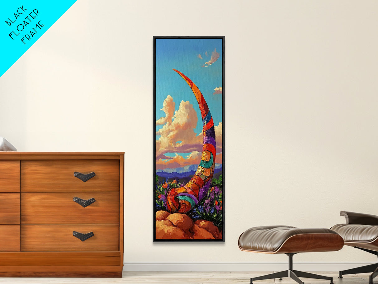 Horn, Abstract, Desert, Vibrant Desert Horn Framed Canvas Print, Surreal Boho Wall Art, Rustic Southwest Decor, Meditation Room Accent
